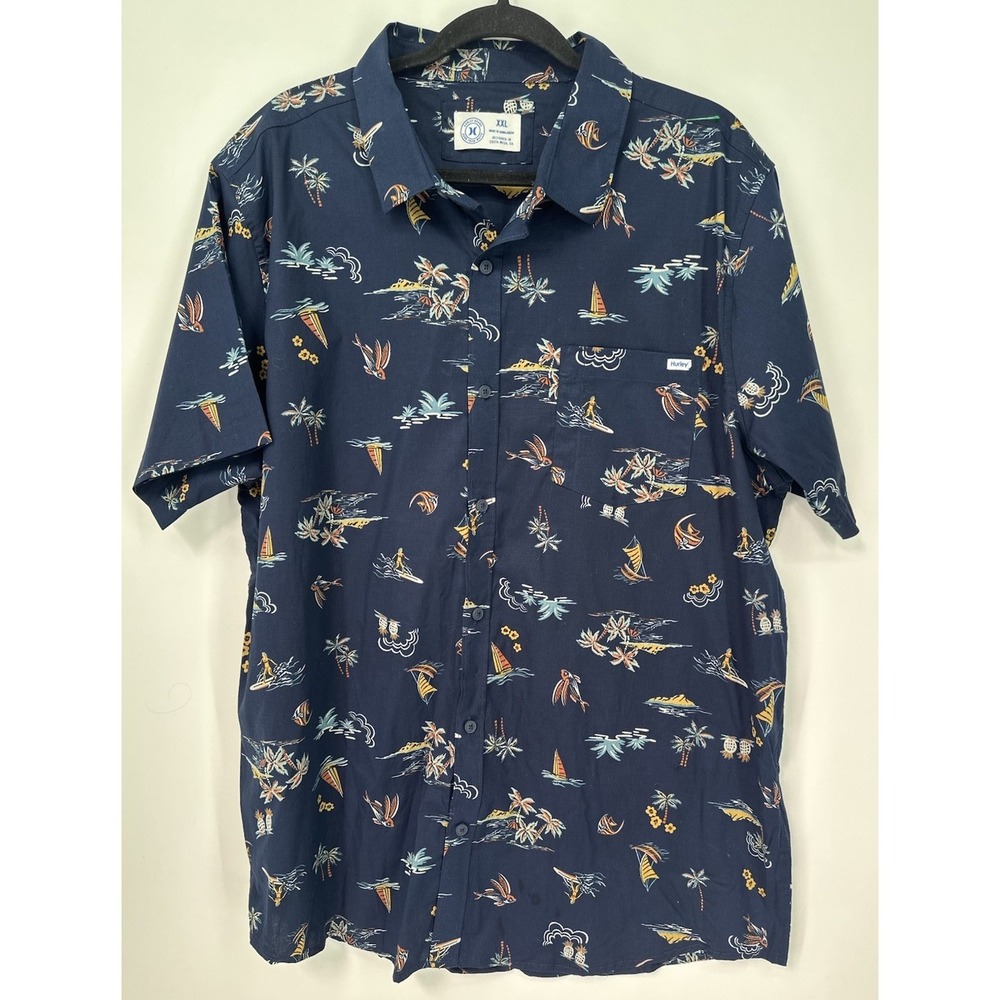 Hurley Men's XXL Hawaiian Shirt Tropical Surf Palm Tree Stretch Button Up 0306